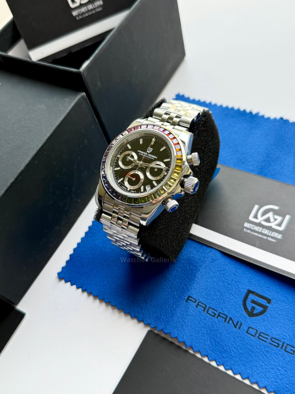 Pagani Design PD1644 Daytona Rainbow Jubilee Limited Edition Chronograph Watch PD1644LE | 40mm Sapphire Crystal, Seiko VK63 Quartz, Complete Calendar & Rainbow Stones Bezel
