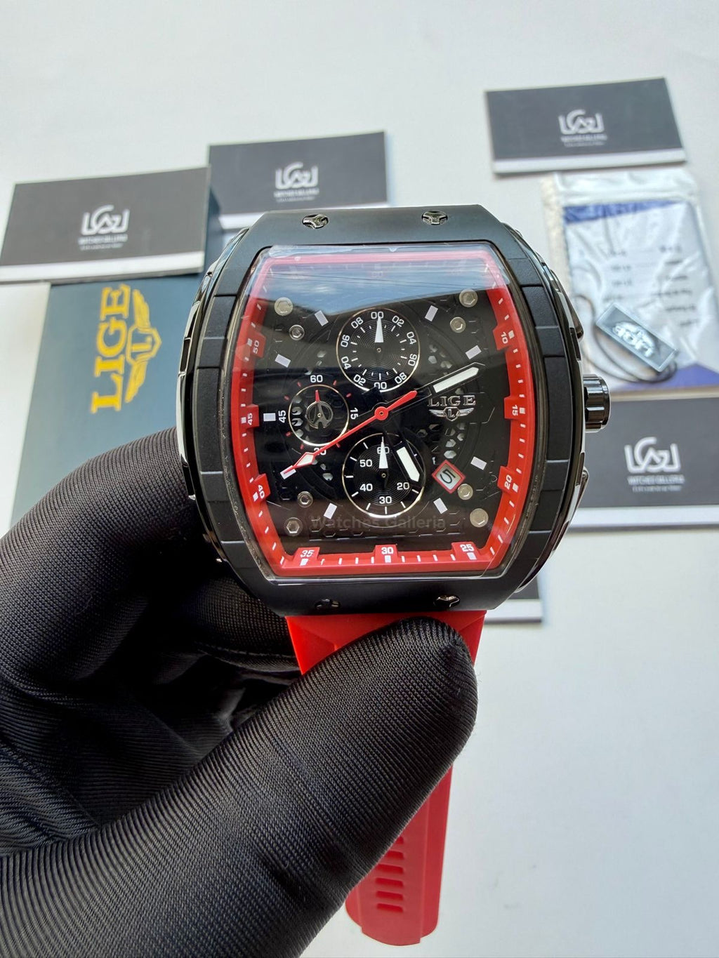 LIGE LG89148 Red Tonneau Chronograph Watch in Pakistan – Luxury Men’s Quartz Watch with Silicon Strap