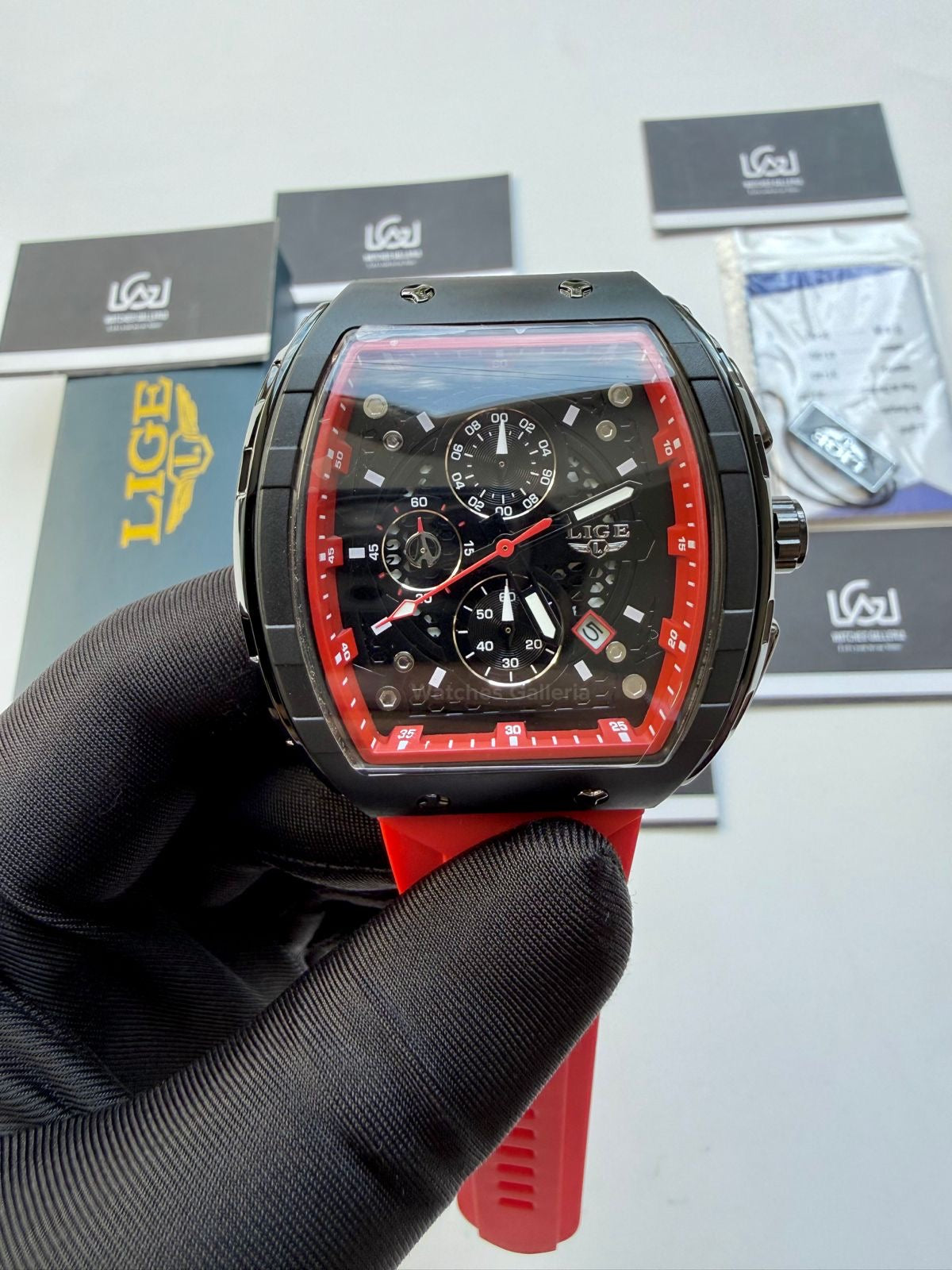 LIGE LG89148 Red Tonneau Chronograph Watch in Pakistan – Luxury Men’s Quartz Watch with Silicon Strap