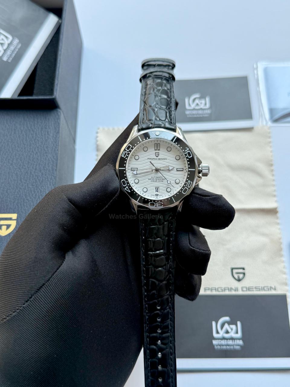 Pagani Design PD1685 Black Leather Strap Seamaster Diver White Automatic Watch – 200M Sapphire Crystal NH35A/Miyota Luxury Dive Watch in Pakistan | Watches Galleria