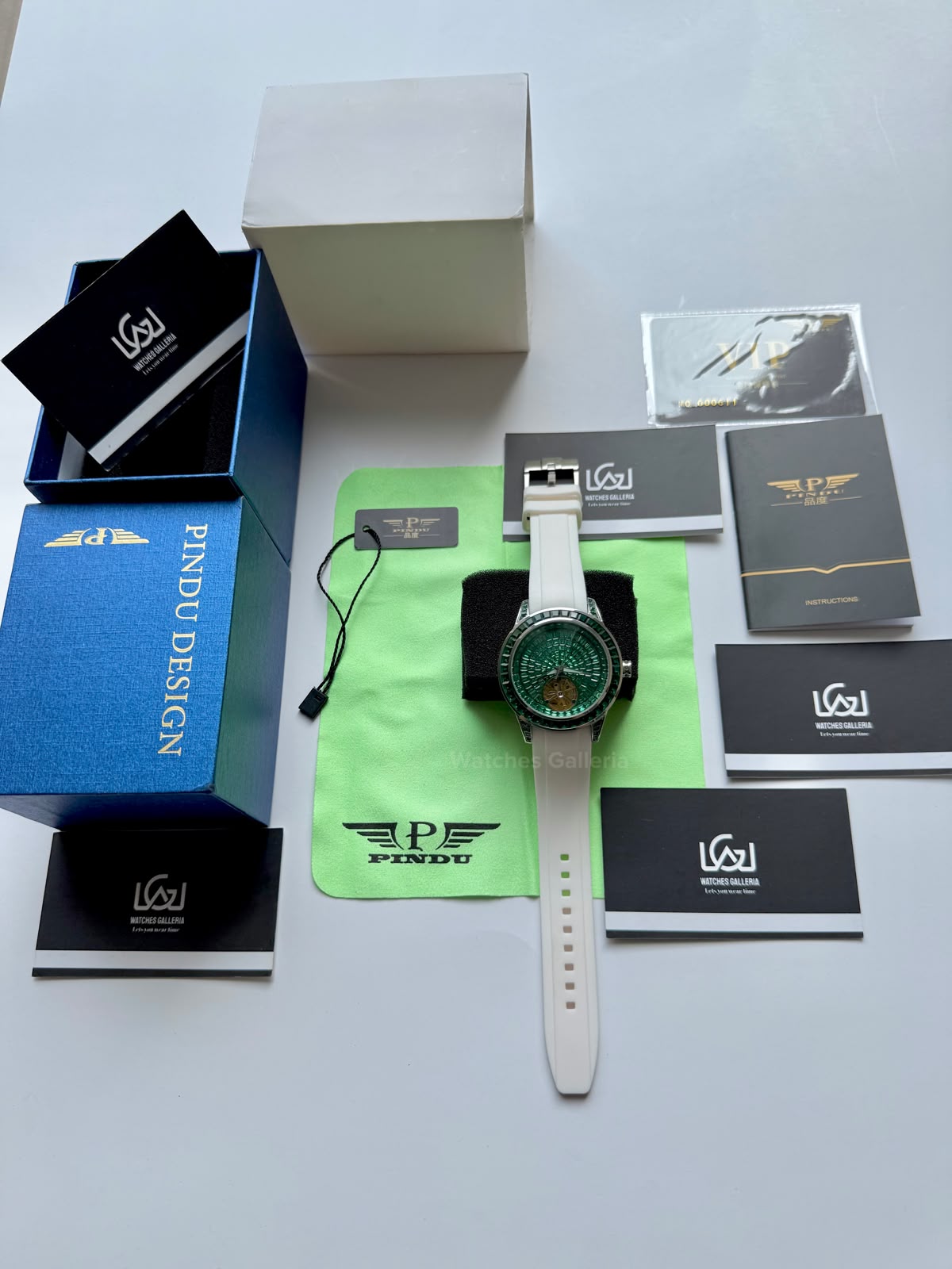 Pindu 5037 White/Green Diamonds Hand Encrusted Diamond Automatic Tourbillon Watch for Men | Luxury Mechanical Watch | 43mm Stainless Steel Case
