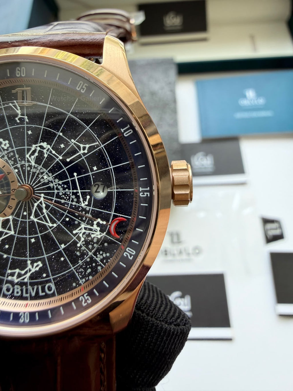 OBLVLO GC (Brown Rose Gold Blue) Grand Complications Celestial Automatic Watch Brown & Black Dial with Rose Gold Details, Moving Constellation & Earth Display – OBLVLOGC | Oblvlo