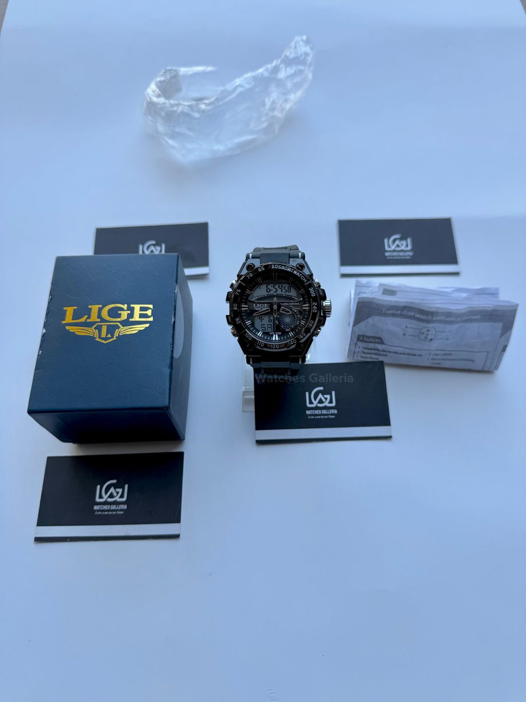 Lige 8922 Sports Watch Black 45mm Dual Display Analog Digital LED Alarm Waterproof 50M Silicone Strap Men’s Watch