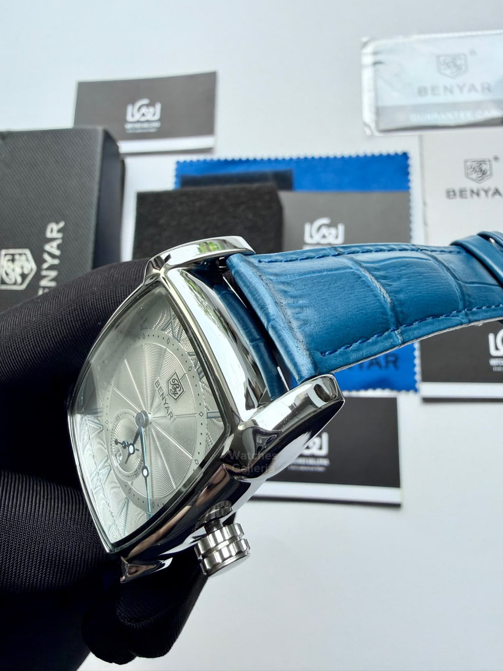 Benyar BY5114 Square Tank Watch | Blue Silver White | Roman Numeral Dial Master Lock Quartz Date Calendar Leather Strap