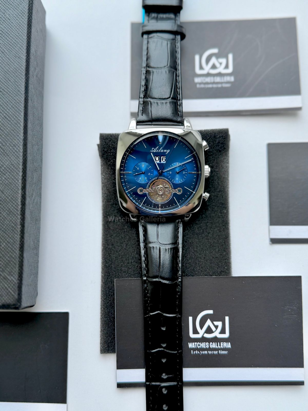 Ailang AI8655G Square Chronograph Automatic Watch Black Blue – Skeleton Flywheel, Big Date, Luxury Square Dial Men’s Watch
