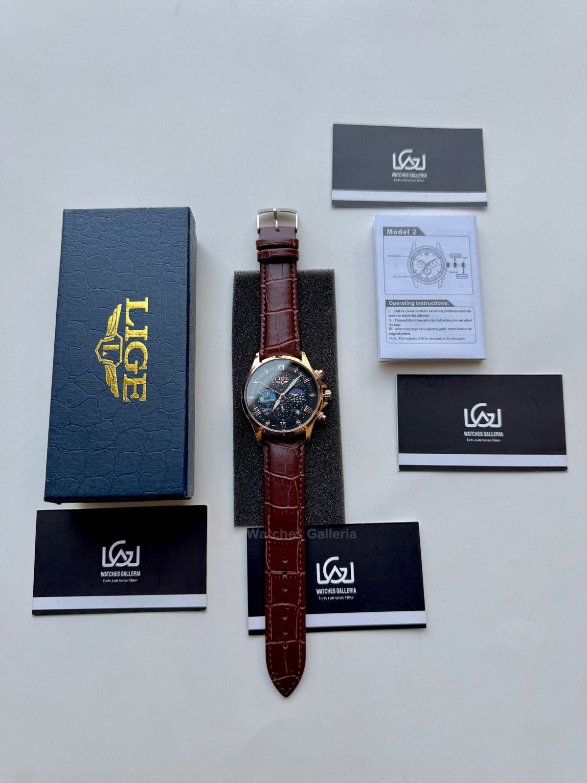 Lige Watch LG89107 Moonphase Chronograph (Brown/Black/Gold) Lige Watch in Pakistan