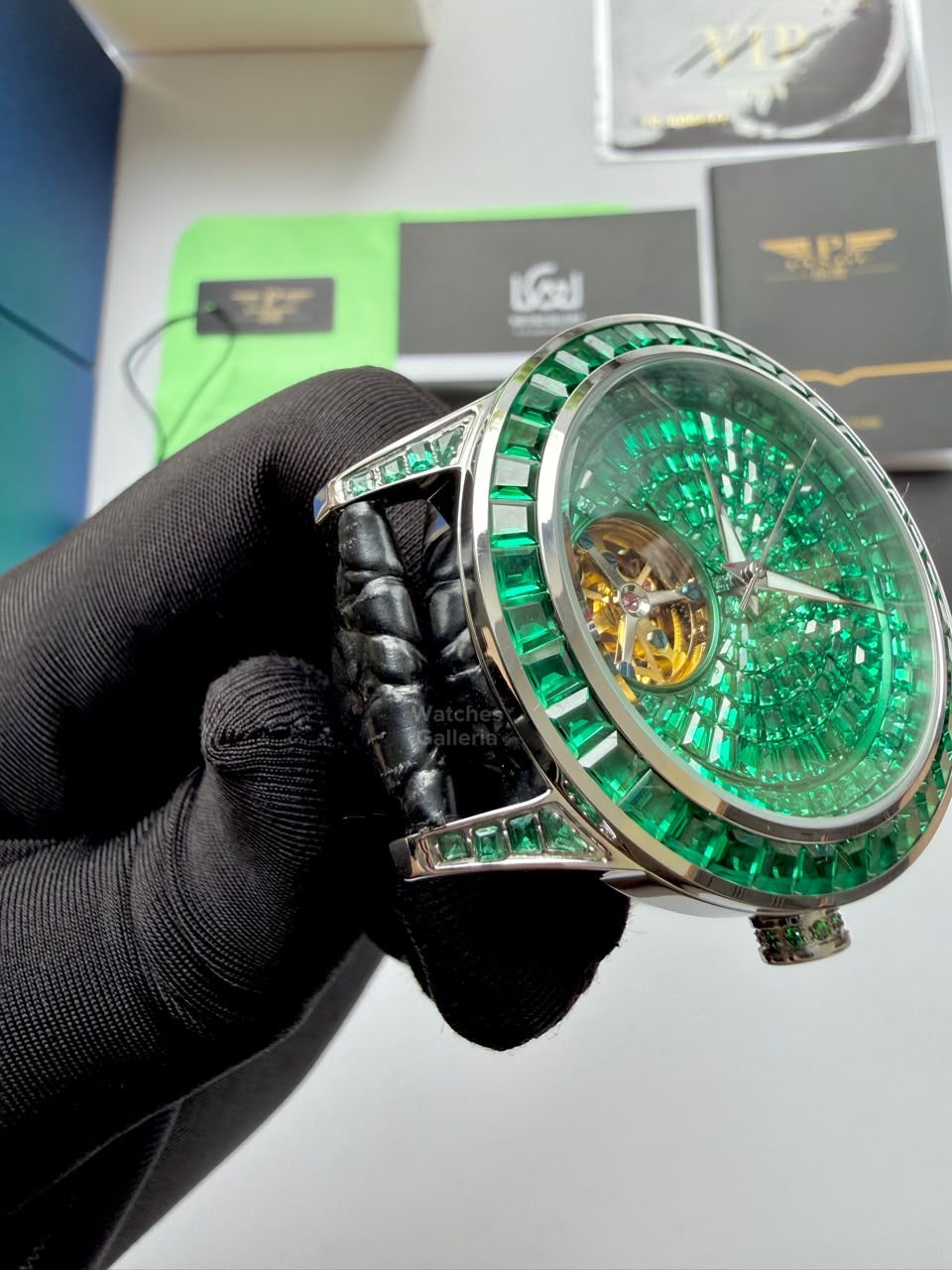 Pindu 5037 Green/Black LeatherDiamonds Hand Encrusted Diamond Automatic Tourbillon Watch for Men | Luxury Mechanical Watch | 43mm Stainless Steel Case
