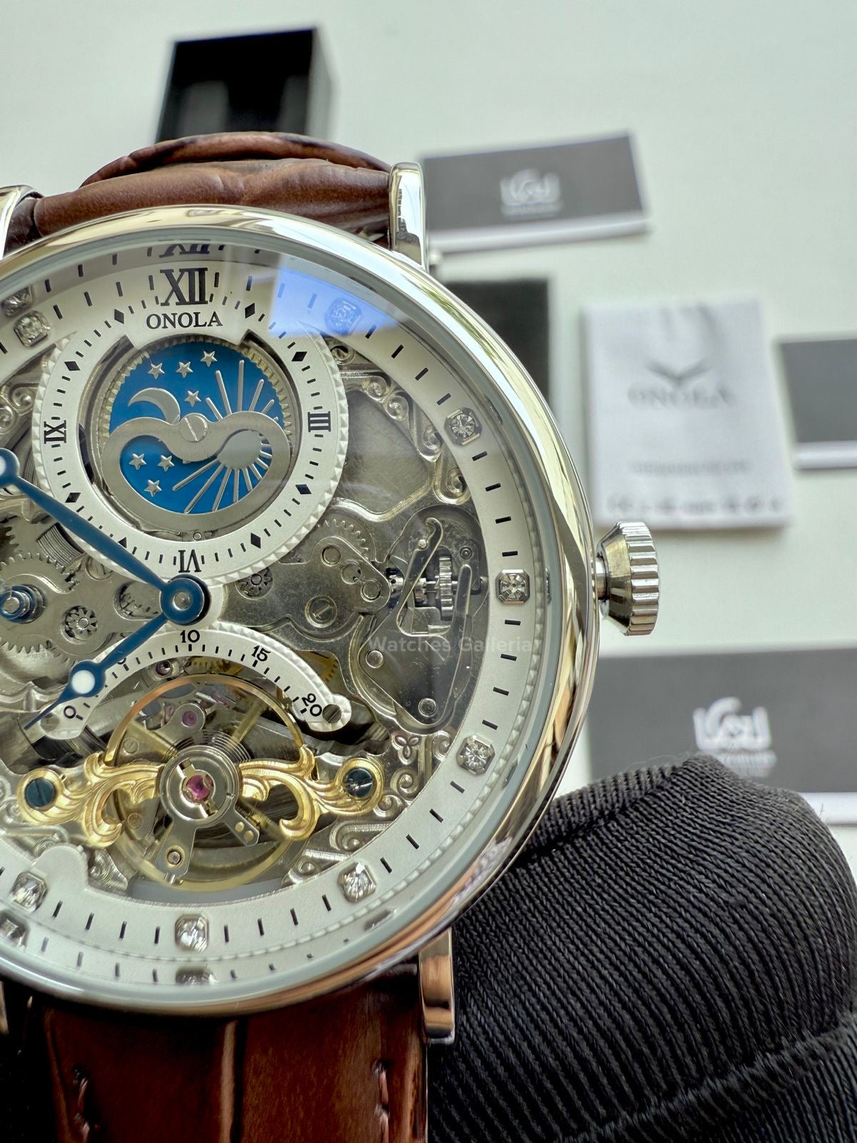 Onola Moonphase Flywheel Skeleton Watch Automatic (Brown-Silver) ON6836 Watches Galleria