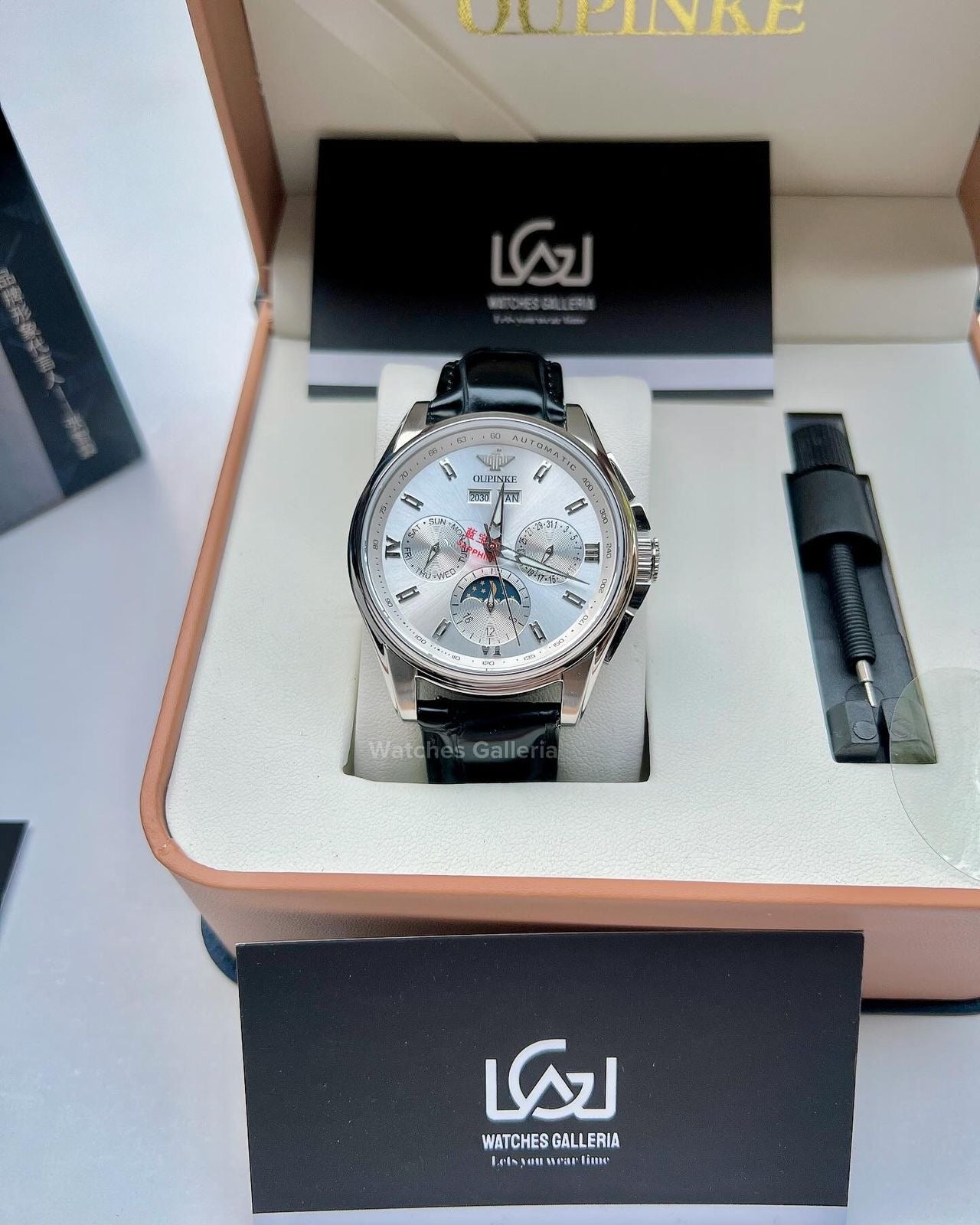 Oupinke Calendar Moonphase Automatic Watch (Silver Black) Oupinke3189 Watches Galleria