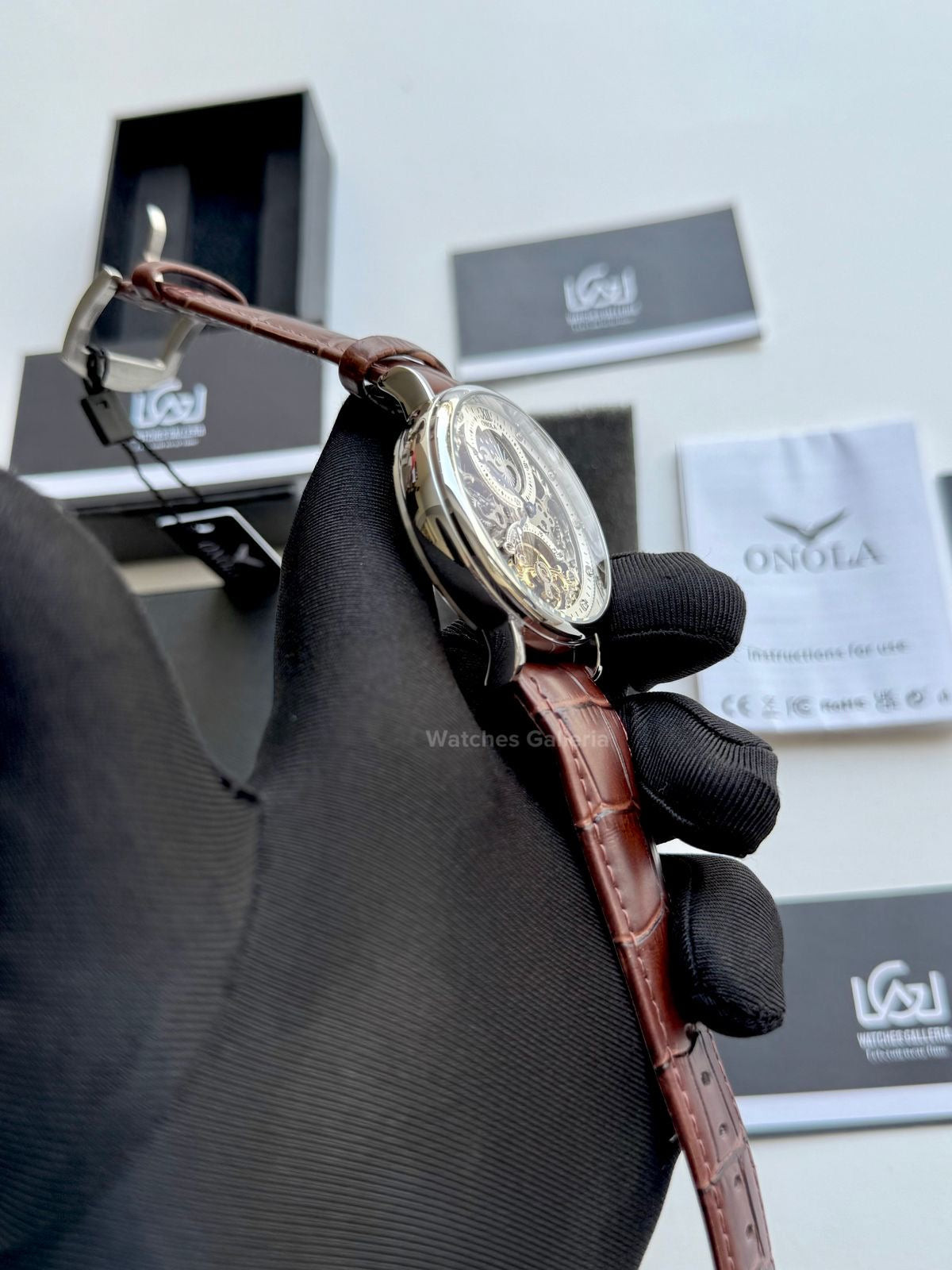 Onola Moonphase Flywheel Skeleton Watch Automatic (Brown-Silver) ON6836 Watches Galleria