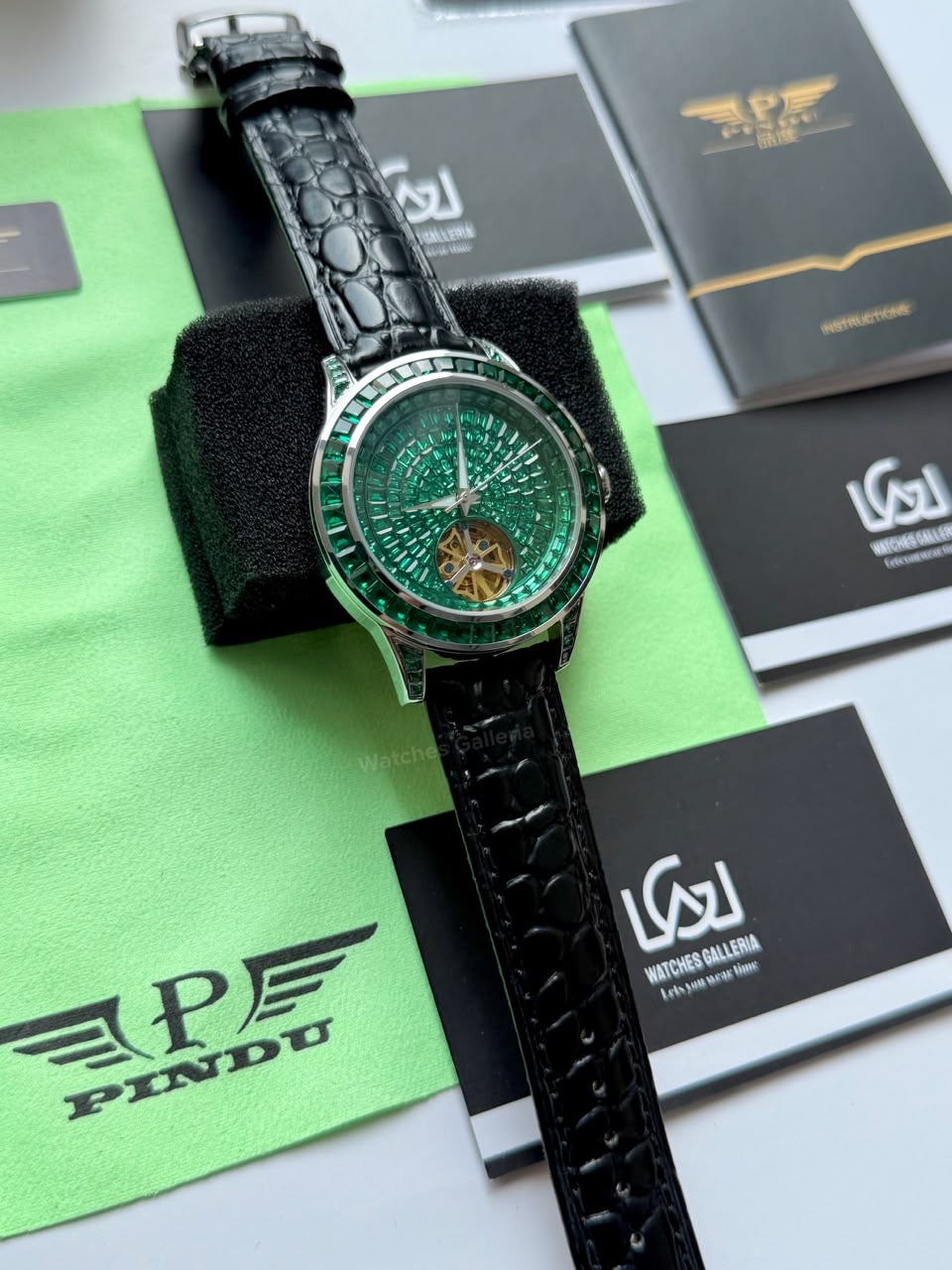 Pindu 5037 Green/Black LeatherDiamonds Hand Encrusted Diamond Automatic Tourbillon Watch for Men | Luxury Mechanical Watch | 43mm Stainless Steel Case