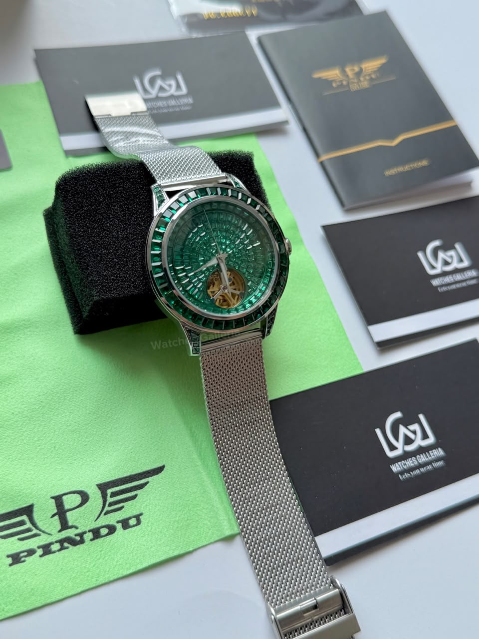 Pindu 5037 Green/Mesh Strap LeatherDiamonds Hand Encrusted Diamond Automatic Tourbillon Watch for Men | Luxury Mechanical Watch | 43mm Stainless Steel Case