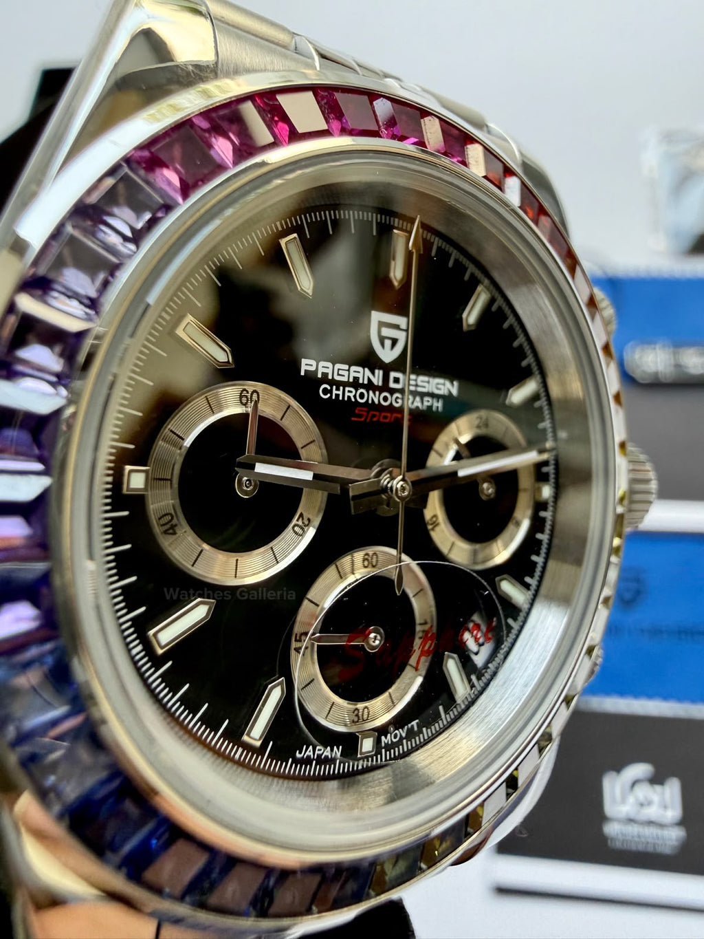 Pagani Design PD1644 Daytona Rainbow Jubilee Limited Edition Chronograph Watch PD1644LE | 40mm Sapphire Crystal, Seiko VK63 Quartz, Complete Calendar & Rainbow Stones Bezel