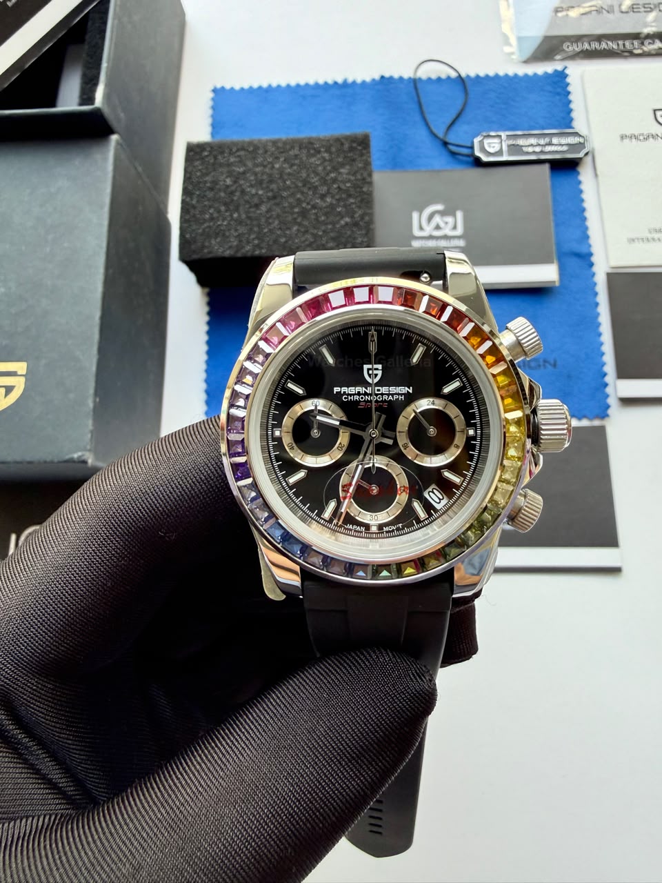 Pagani Design PD1644 Daytona Rainbow Jubilee Limited Edition Chronograph Watch PD1644LE | 40mm Sapphire Crystal, Seiko VK63 Quartz, Complete Calendar & Rainbow Stones Bezel