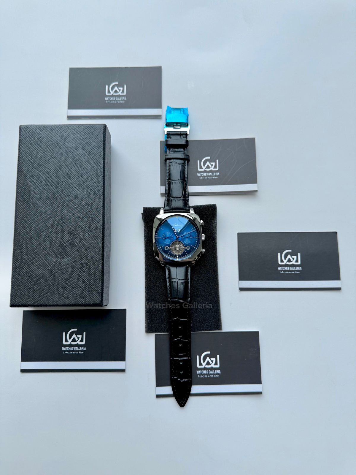 Ailang AI8655G Square Chronograph Automatic Watch Black Blue – Skeleton Flywheel, Big Date, Luxury Square Dial Men’s Watch
