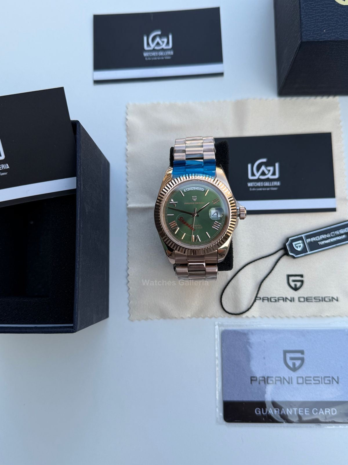 Pagani Design Date Day 40mm Automatic (Rose Gold w/ Green) PD1783 Watches Galleria
