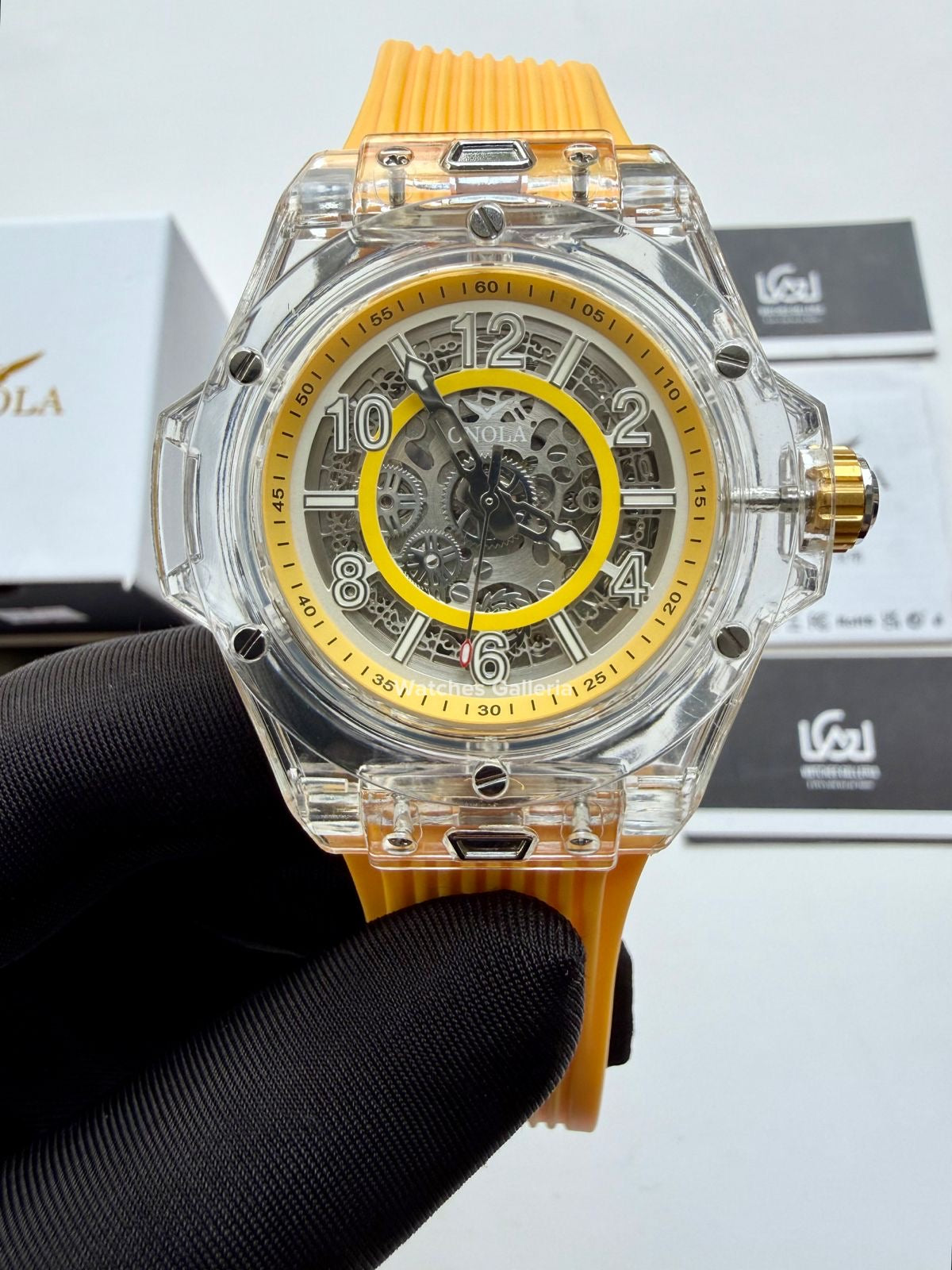 Onola ON3836 Oak Skeleton Yellow Automatic Watch – 49mm Transparent Dial, Bold Sport Design, Pakistan Edition