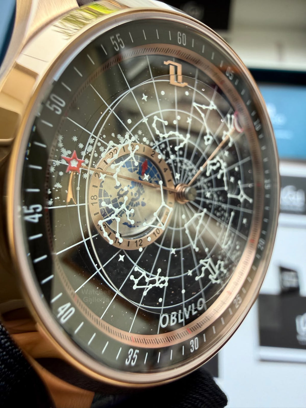 OBLVLO GC (Blue Rose Gold Black) Grand Complications Celestial Automatic Watch Brown & Black Dial with Rose Gold Details, Moving Constellation & Earth Display – OBLVLOGC | Oblvlo