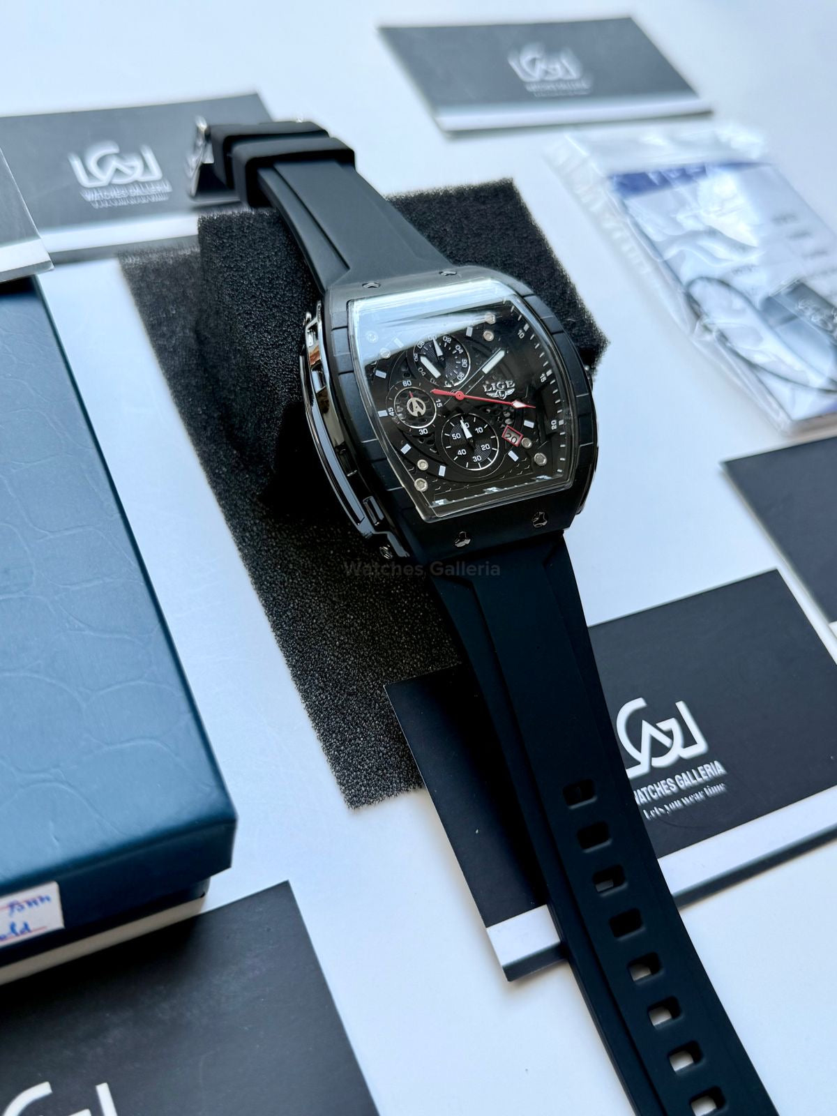 LIGE LG89148 Black Tonneau Chronograph Watch in Pakistan – Luxury Men’s Quartz Watch with Silicon Strap