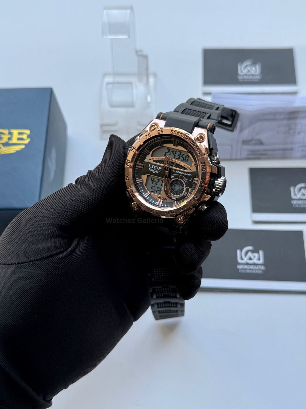 Lige 8922 Sports Watch Rose Gold Black 45mm Dual Display Analog Digital LED Alarm Waterproof 50M Silicone Strap Men’s Watch