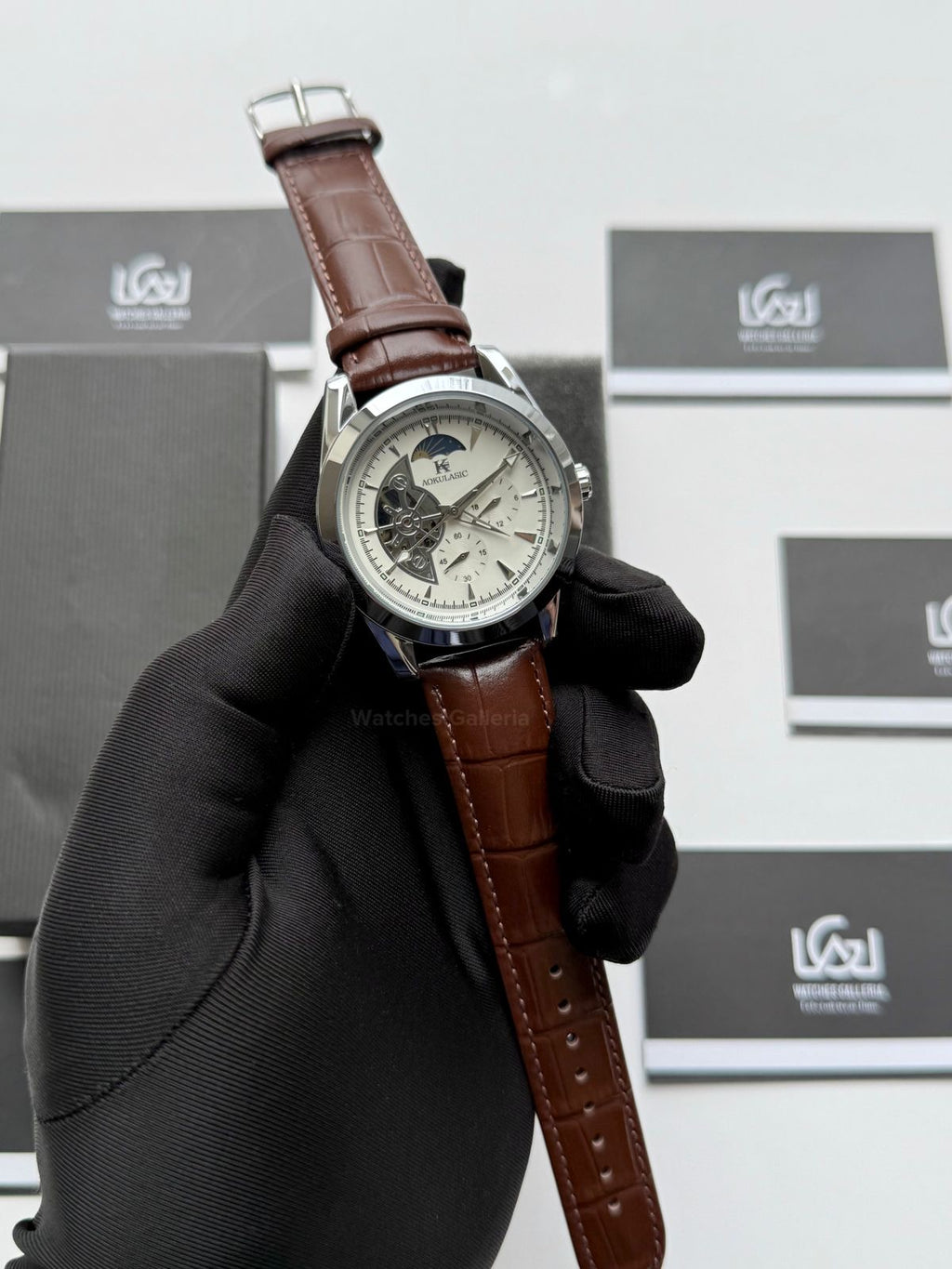 Aokulasic AOKU032 Moonphase Flywheel Automatic Watch 40mm Brown Silver | 21 Jewels Mechanical Watch