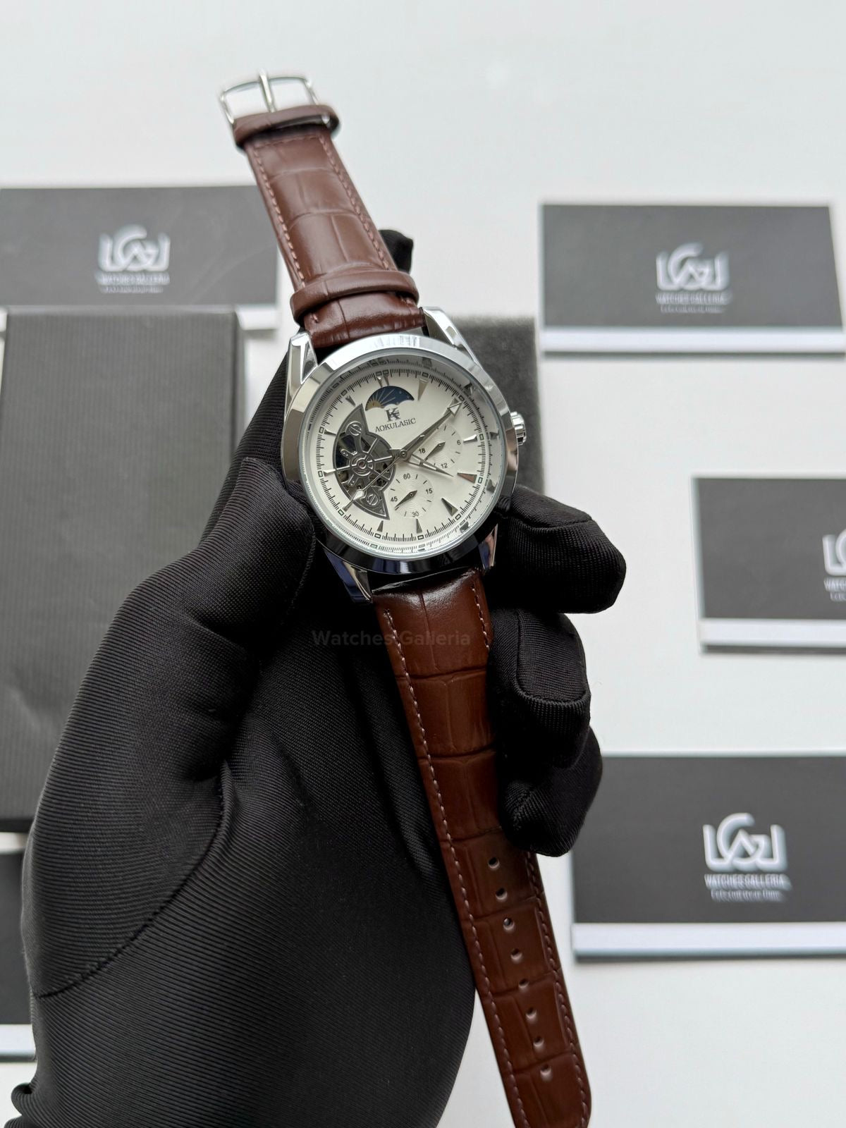 Aokulasic AOKU032 Moonphase Flywheel Automatic Watch 40mm Brown Silver | 21 Jewels Mechanical Watch