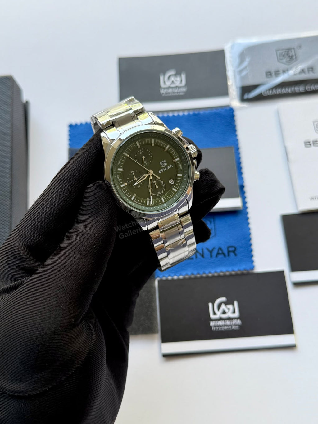 Benyar BY5210 (Green SS) Pilot Chronograph Green Dial Stainless Steel Watch – 42mm Quartz Chronograph with Date, Complete Calendar & Stopwatch