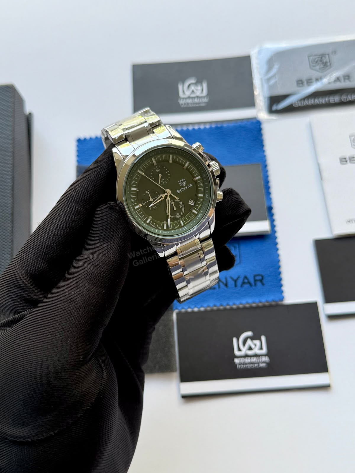 Benyar BY5210 (Green SS) Pilot Chronograph Green Dial Stainless Steel Watch – 42mm Quartz Chronograph with Date, Complete Calendar & Stopwatch