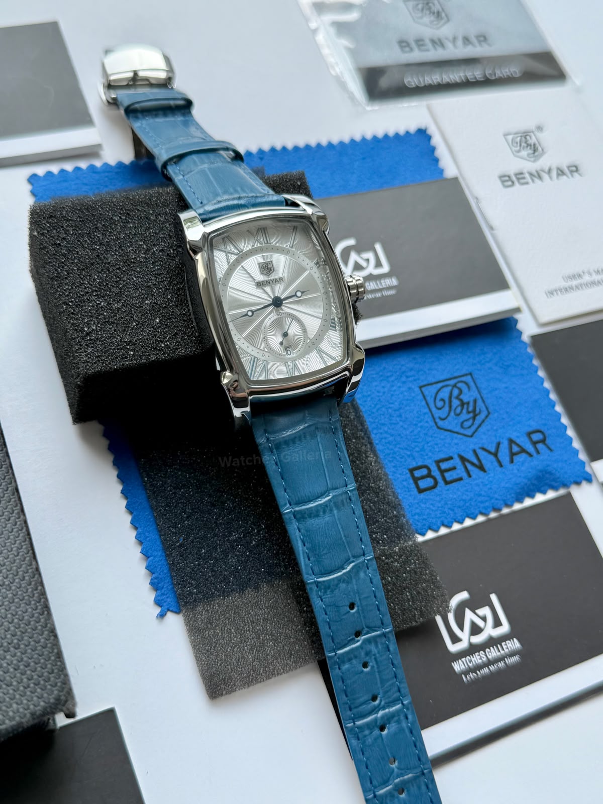 Benyar BY5114 Square Tank Watch | Blue Silver White | Roman Numeral Dial Master Lock Quartz Date Calendar Leather Strap