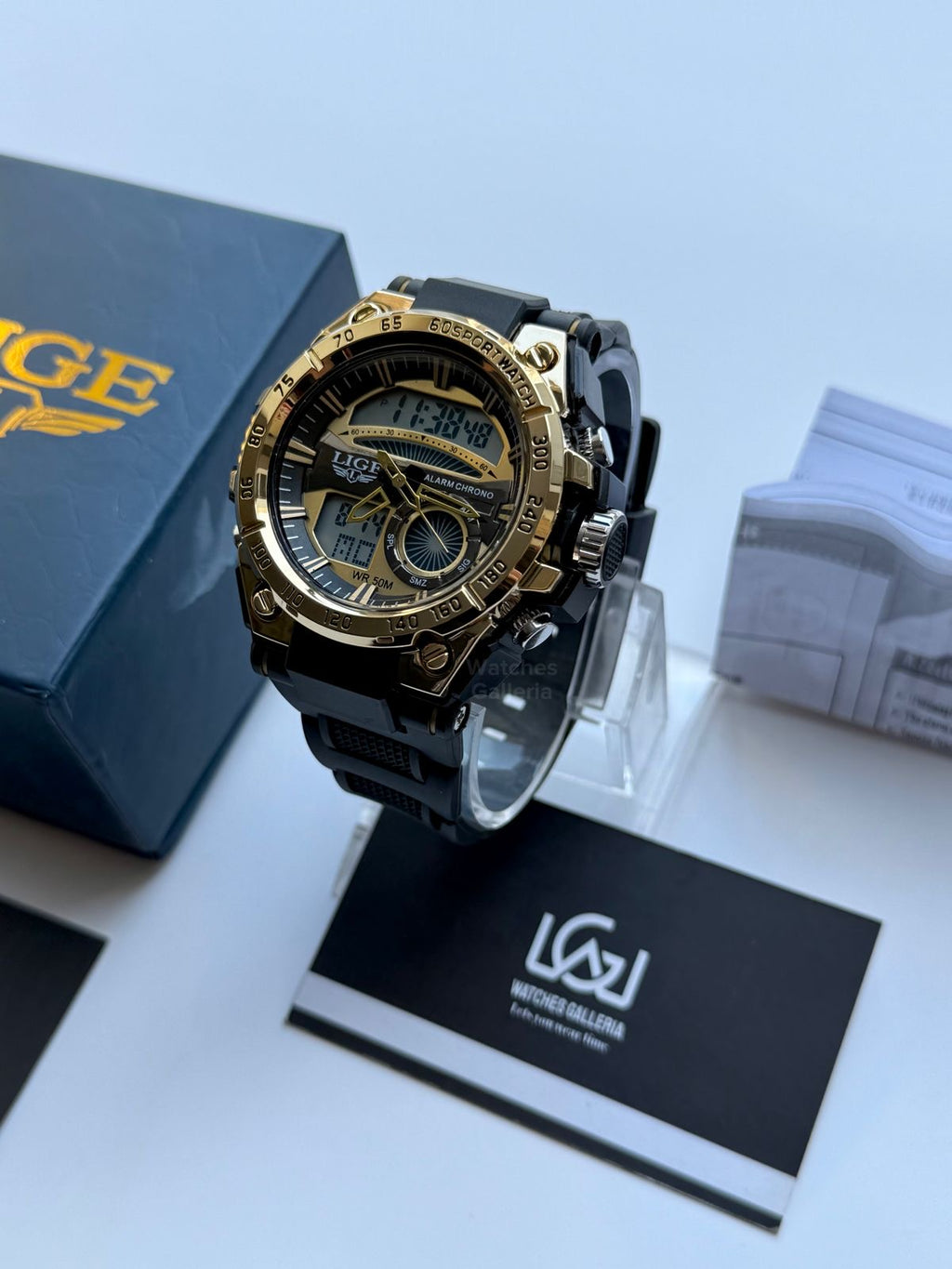 Lige 8922 Sports Watch Gold Black 45mm Dual Display Analog Digital LED Alarm Waterproof 50M Silicone Strap Men’s Watch