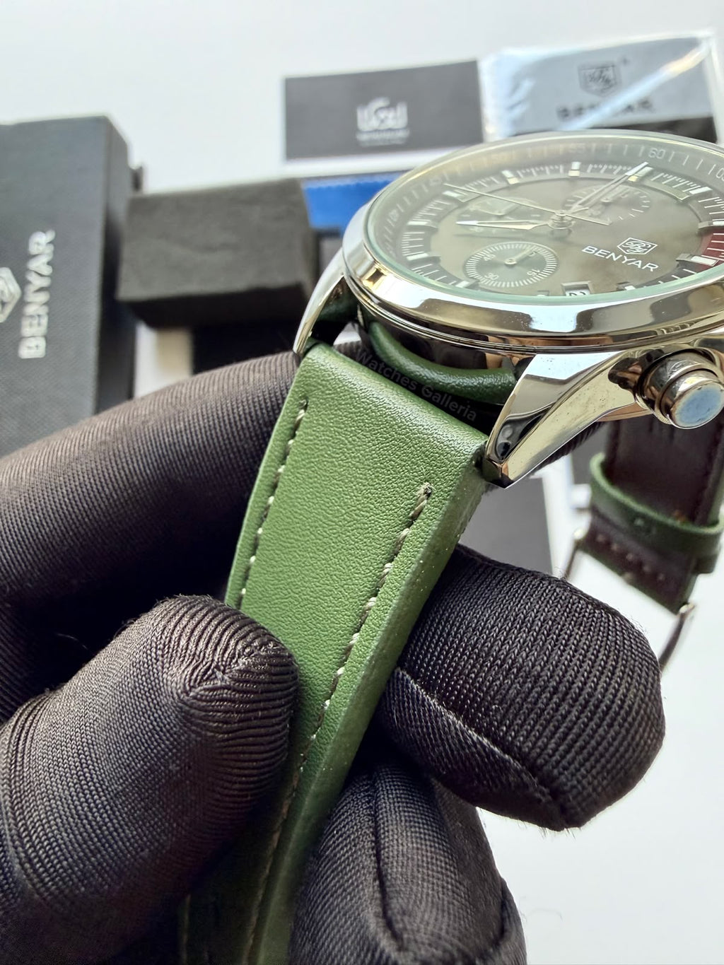 Benyar BY5210 (Grey Green) Pilot Chronograph Green Dial Stainless Steel Watch – 42mm Quartz Chronograph with Date, Complete Calendar & Stopwatch