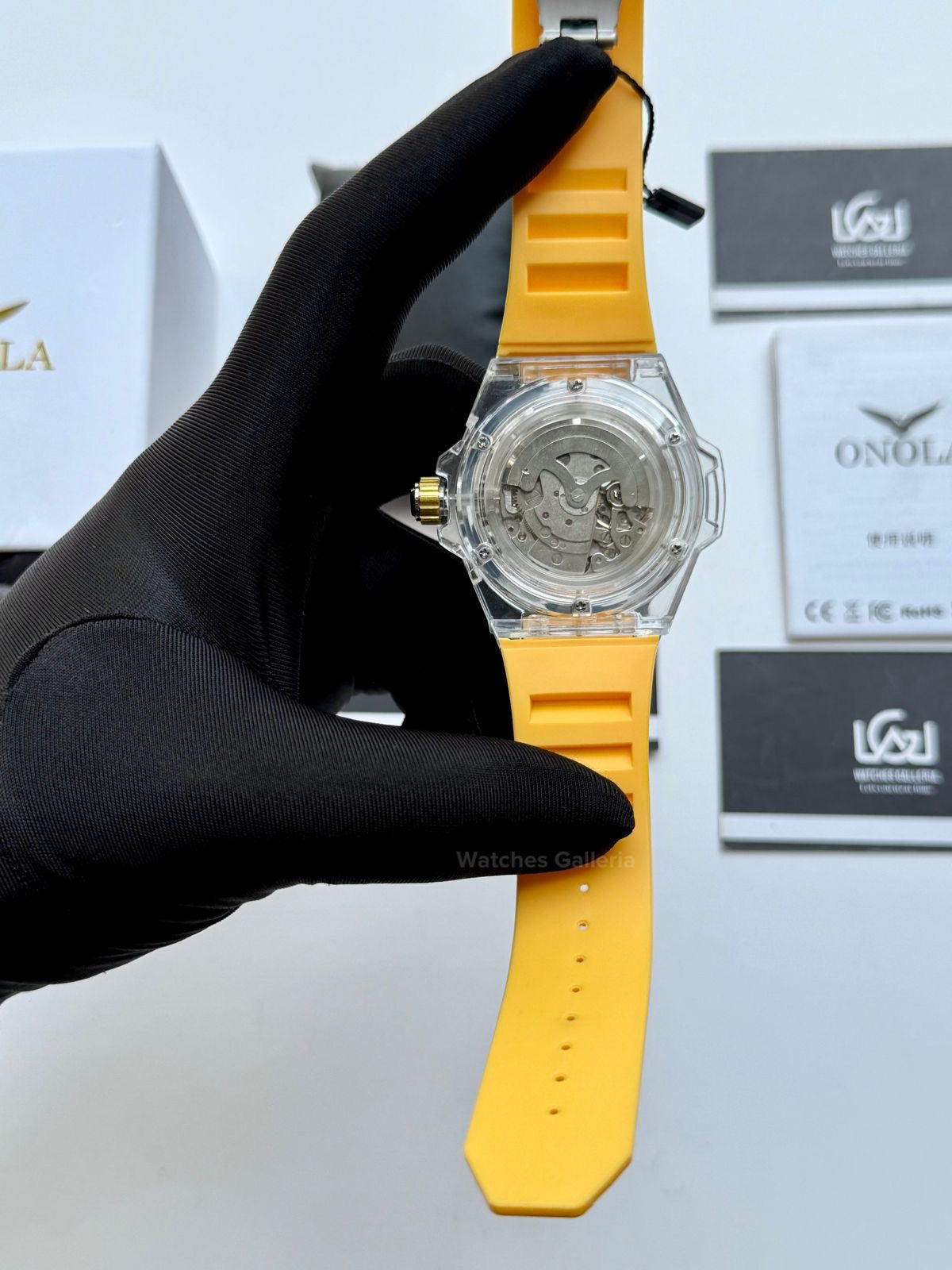 Onola ON3836 Oak Skeleton Yellow Automatic Watch – 49mm Transparent Dial, Bold Sport Design, Pakistan Edition