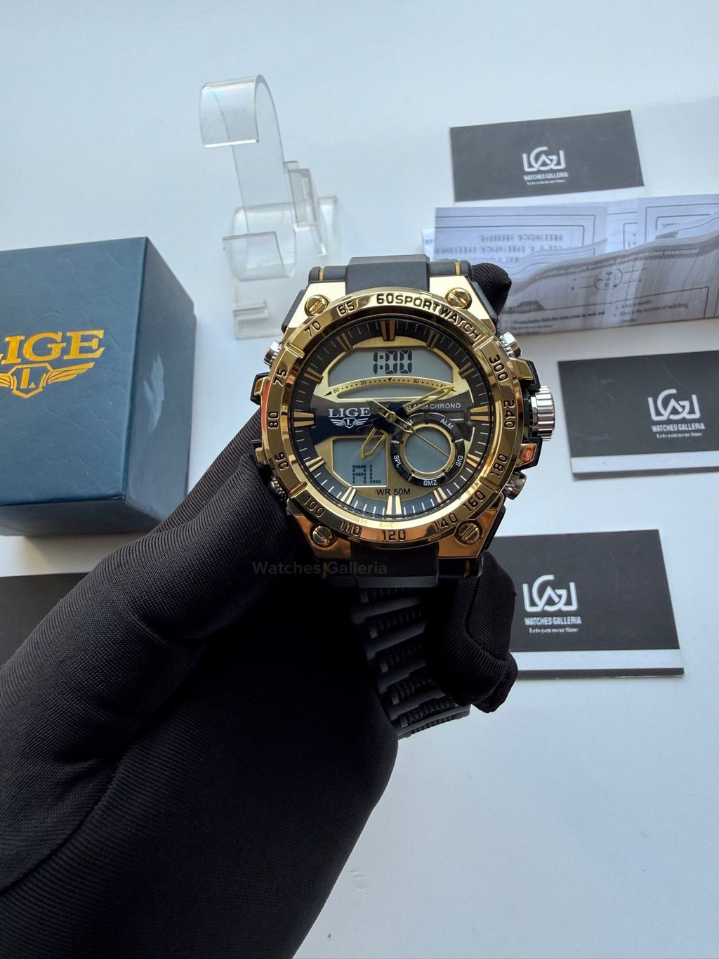 Lige 8922 Sports Watch Gold Black 45mm Dual Display Analog Digital LED Alarm Waterproof 50M Silicone Strap Men’s Watch