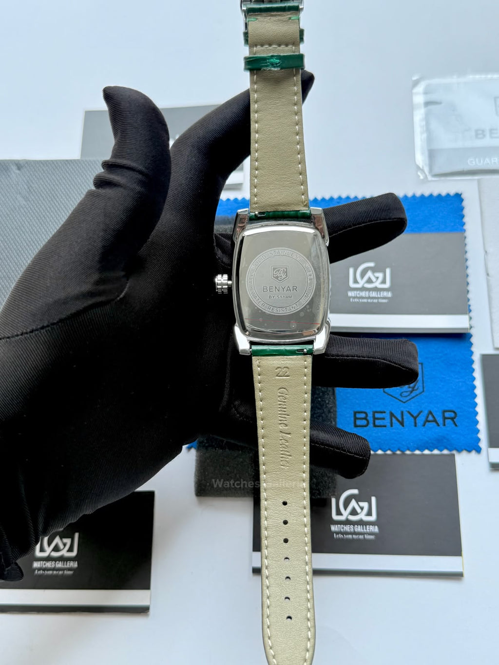 Benyar BY5114 Square Tank Watch | Green Silver White | Roman Numeral Dial Master Lock Quartz Date Calendar Leather Strap
