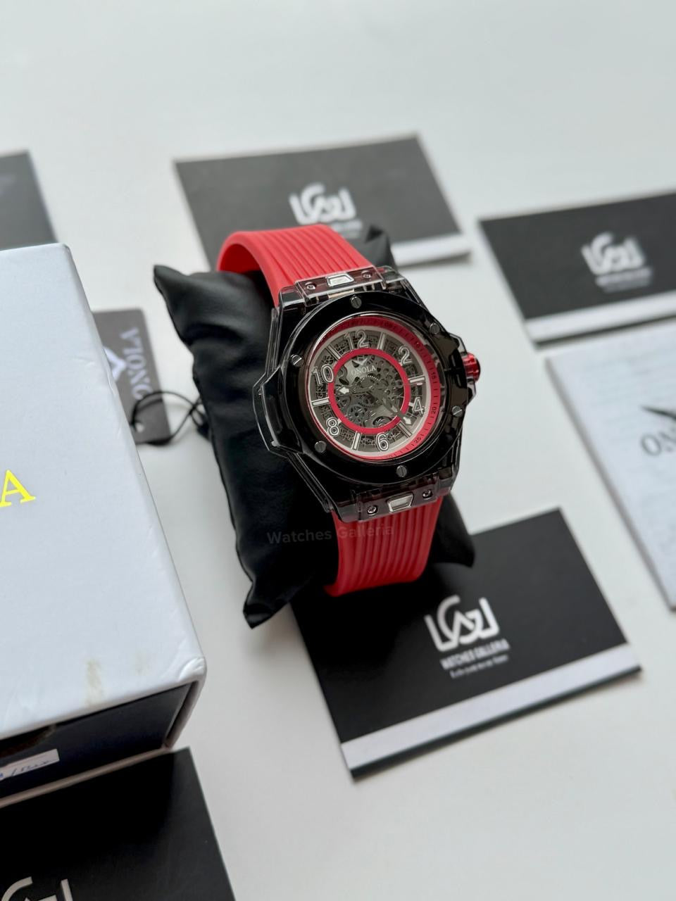 Onola ON3836 Oak Skeleton Red Black Automatic Watch – 49mm Transparent Dial, Bold Sport Design, Pakistan Edition