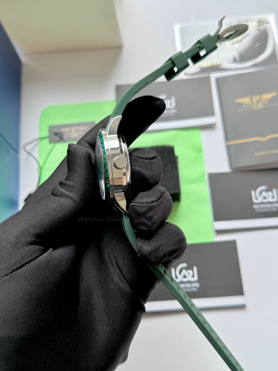 Pindu 5037 Green/Green Silicon LeatherDiamonds Hand Encrusted Diamond Automatic Tourbillon Watch for Men | Luxury Mechanical Watch | 43mm Stainless Steel Case