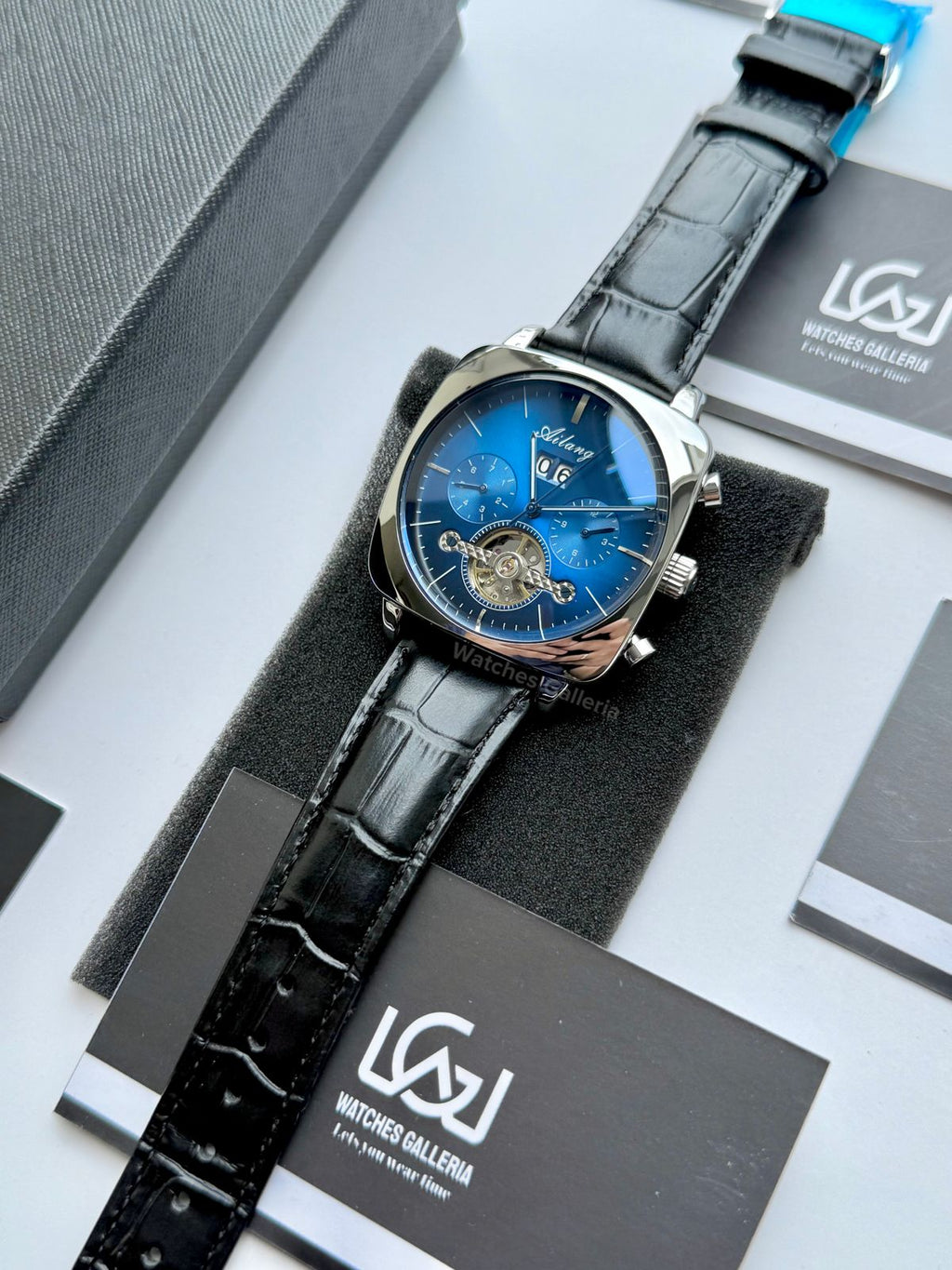 Ailang AI8655G Square Chronograph Automatic Watch Black Blue – Skeleton Flywheel, Big Date, Luxury Square Dial Men’s Watch