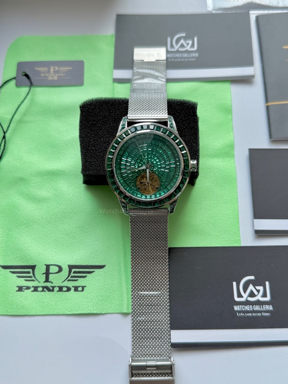 Pindu 5037 Green/Mesh Strap LeatherDiamonds Hand Encrusted Diamond Automatic Tourbillon Watch for Men | Luxury Mechanical Watch | 43mm Stainless Steel Case
