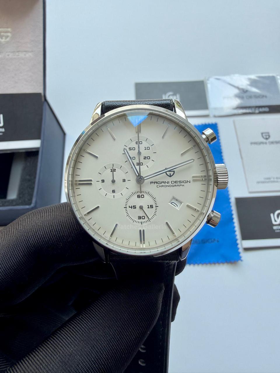 Pagani Design PD2720K Pilot Watch Silver SS | Flight Chronograph 46.5mm Seiko VK67 Mecha Quartz Leather Strap