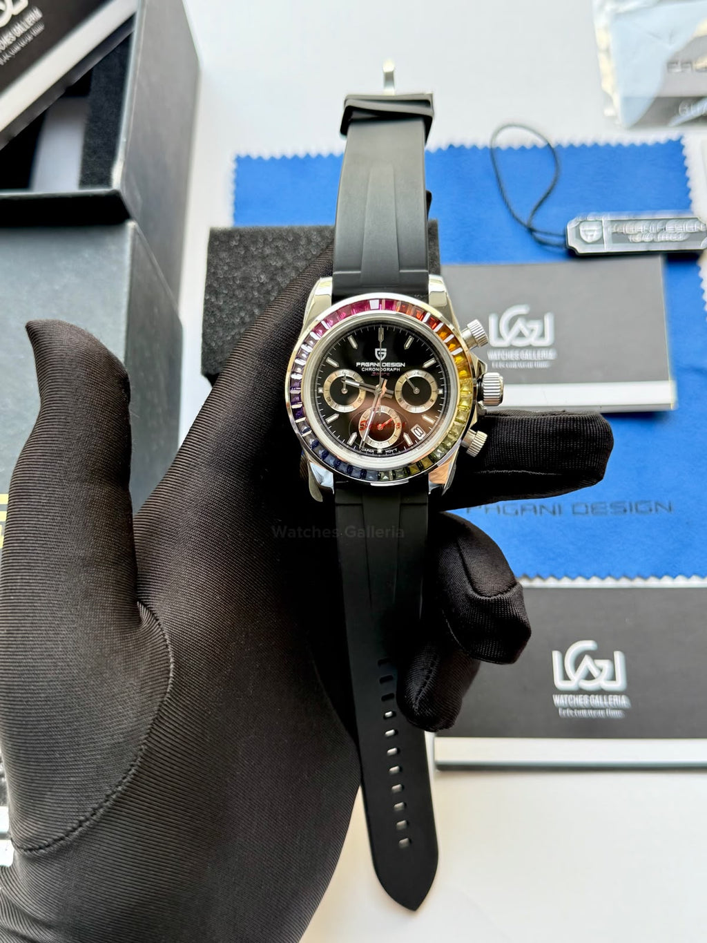 Pagani Design PD1644 Daytona Rainbow Jubilee Limited Edition Chronograph Watch PD1644LE | 40mm Sapphire Crystal, Seiko VK63 Quartz, Complete Calendar & Rainbow Stones Bezel