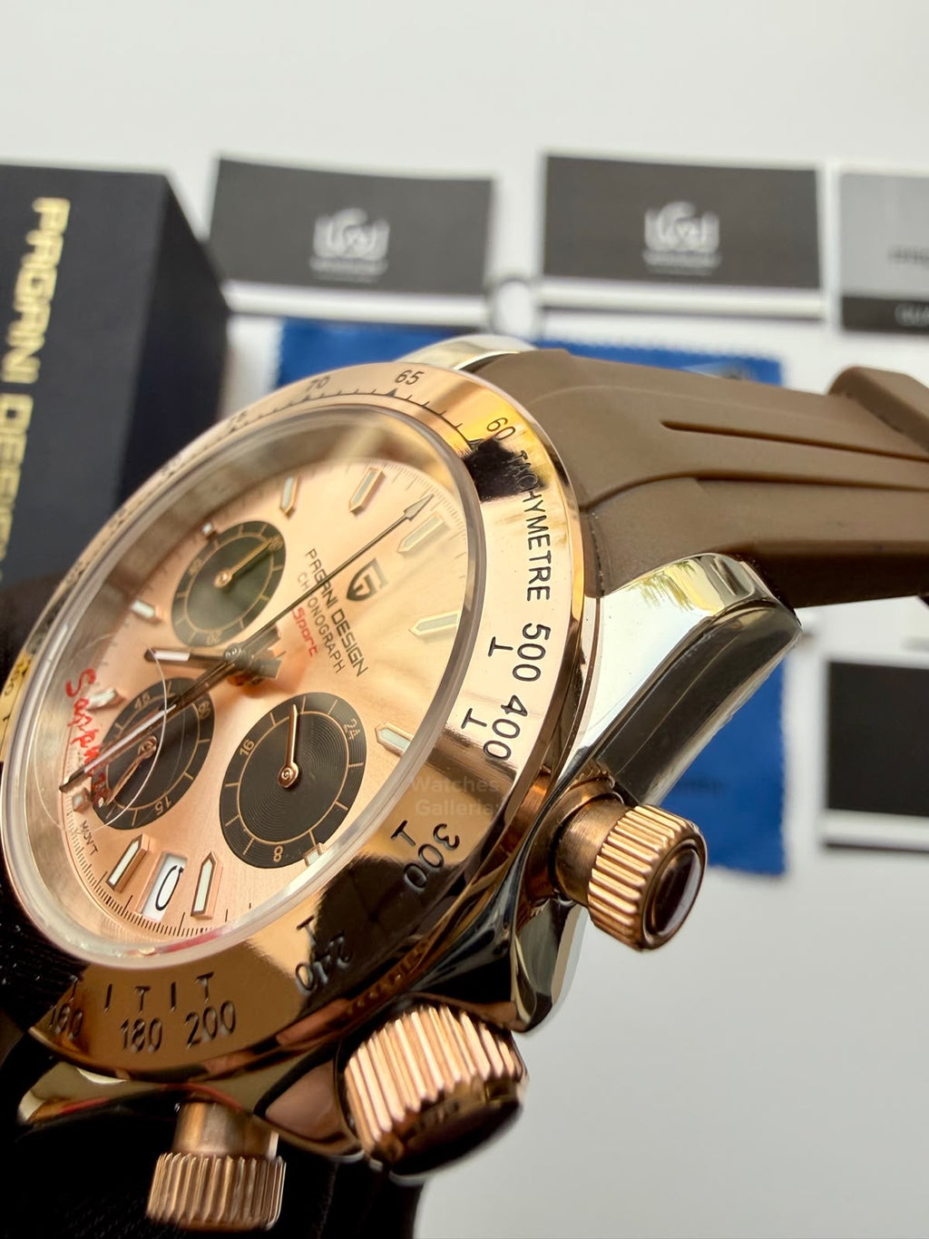 Pagani Design PD1644 Daytona Rose Gold Two Tone Silicon Limited Edition Men’s Chronograph Watch – Seiko VK63 Japan Quartz | Sapphire Crystal | Ceramic Bezel | 100M Water Resistant