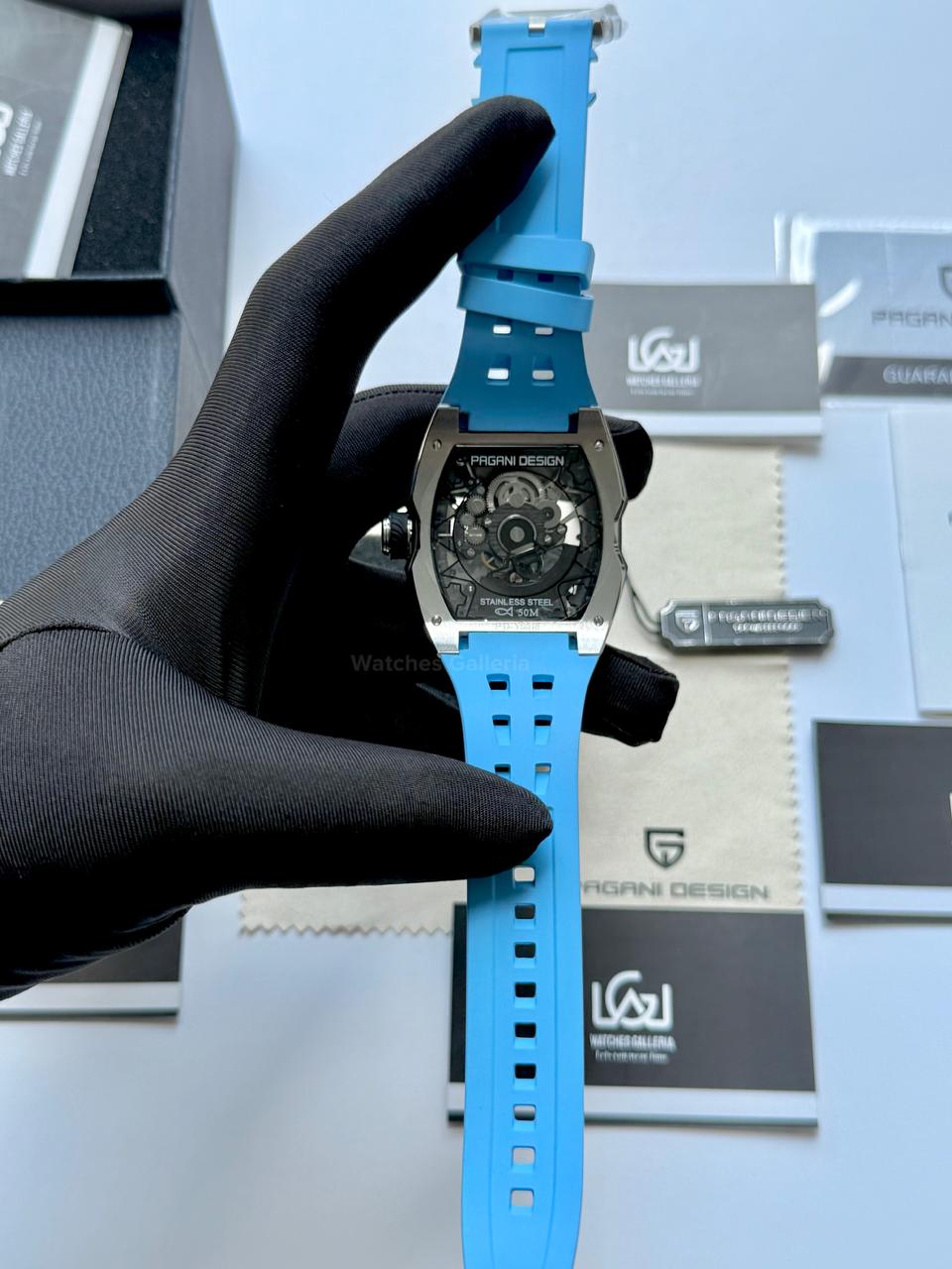 Pagani Design PDYS018 Ice Blue Tonneau Skeleton Silver Ice Blue Automatic Watch | Sapphire Crystal | SX5021 Movement | 50M Waterproof | Pakistan