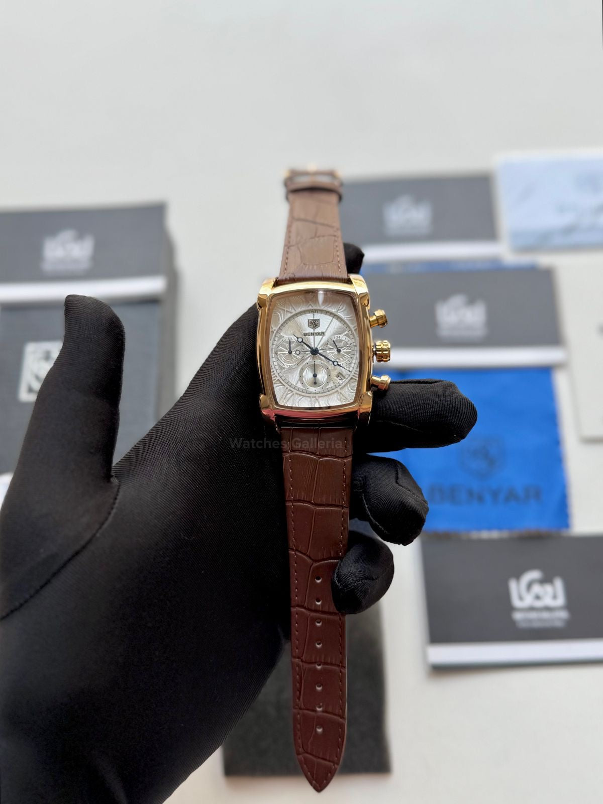 Benyar BY5113 Square Chronograph (Brown/White Rose Gold) Benyar Watch Pakistan