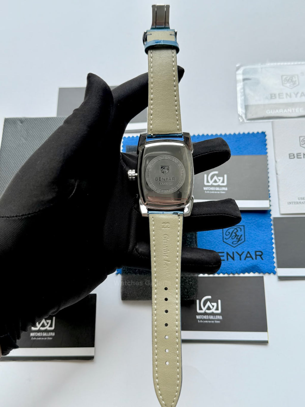 Benyar BY5114 Square Tank Watch | Blue Silver White | Roman Numeral Dial Master Lock Quartz Date Calendar Leather Strap