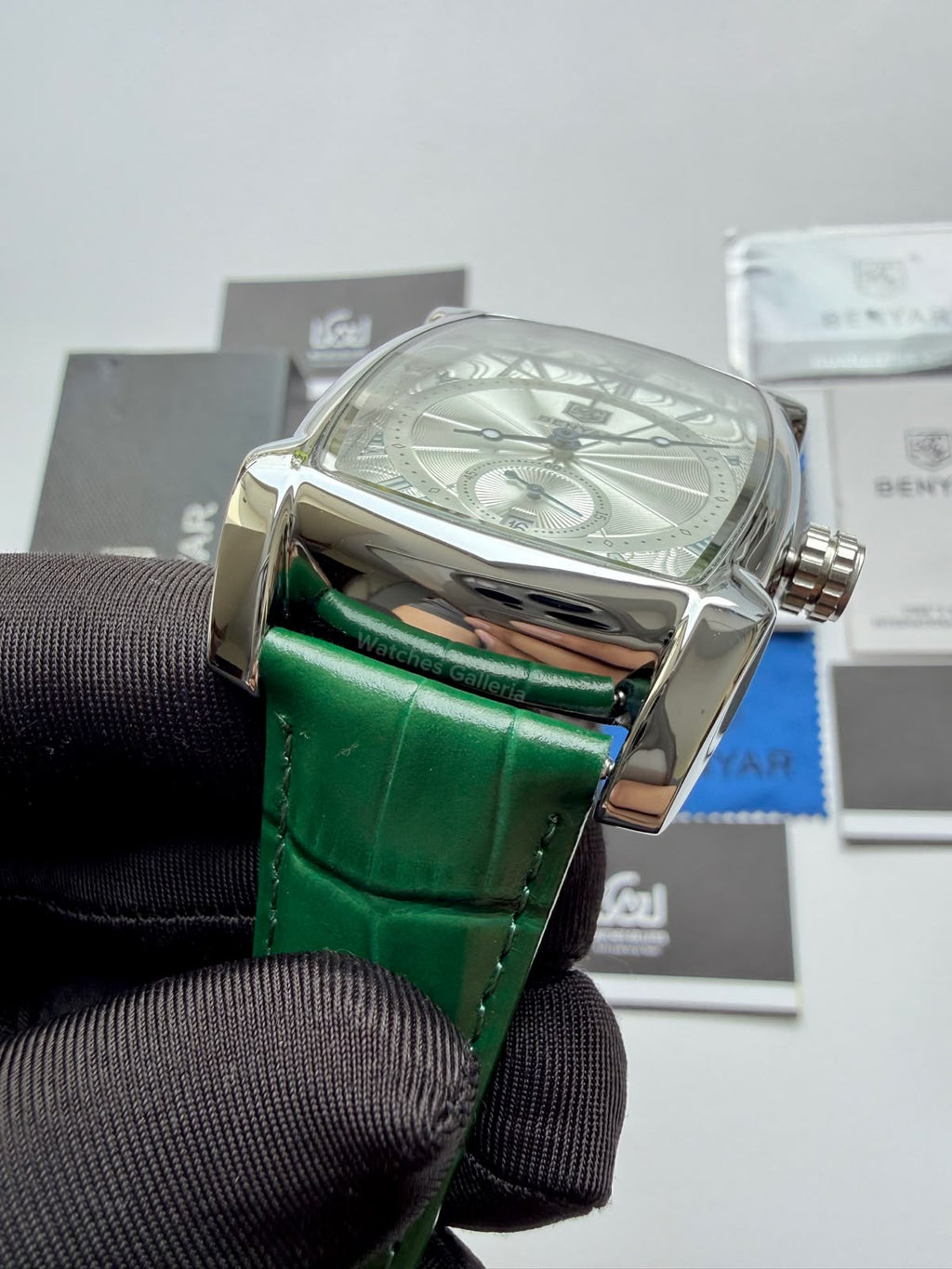 Benyar BY5114 Square Tank Watch | Green Silver White | Roman Numeral Dial Master Lock Quartz Date Calendar Leather Strap