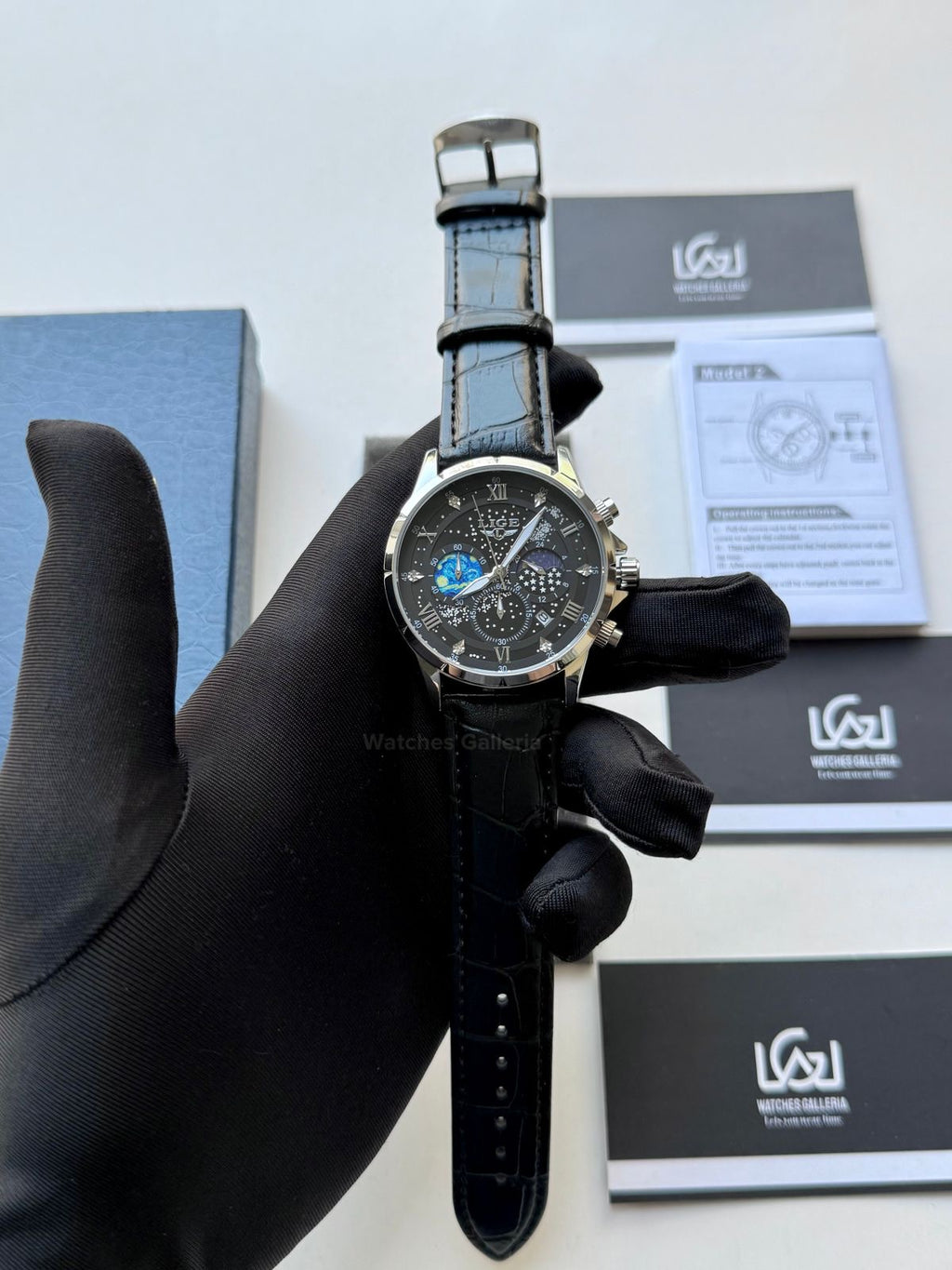Lige Watch LG89107 Moonphase Chronograph (Black/Silver) Lige Watch in Pakistan