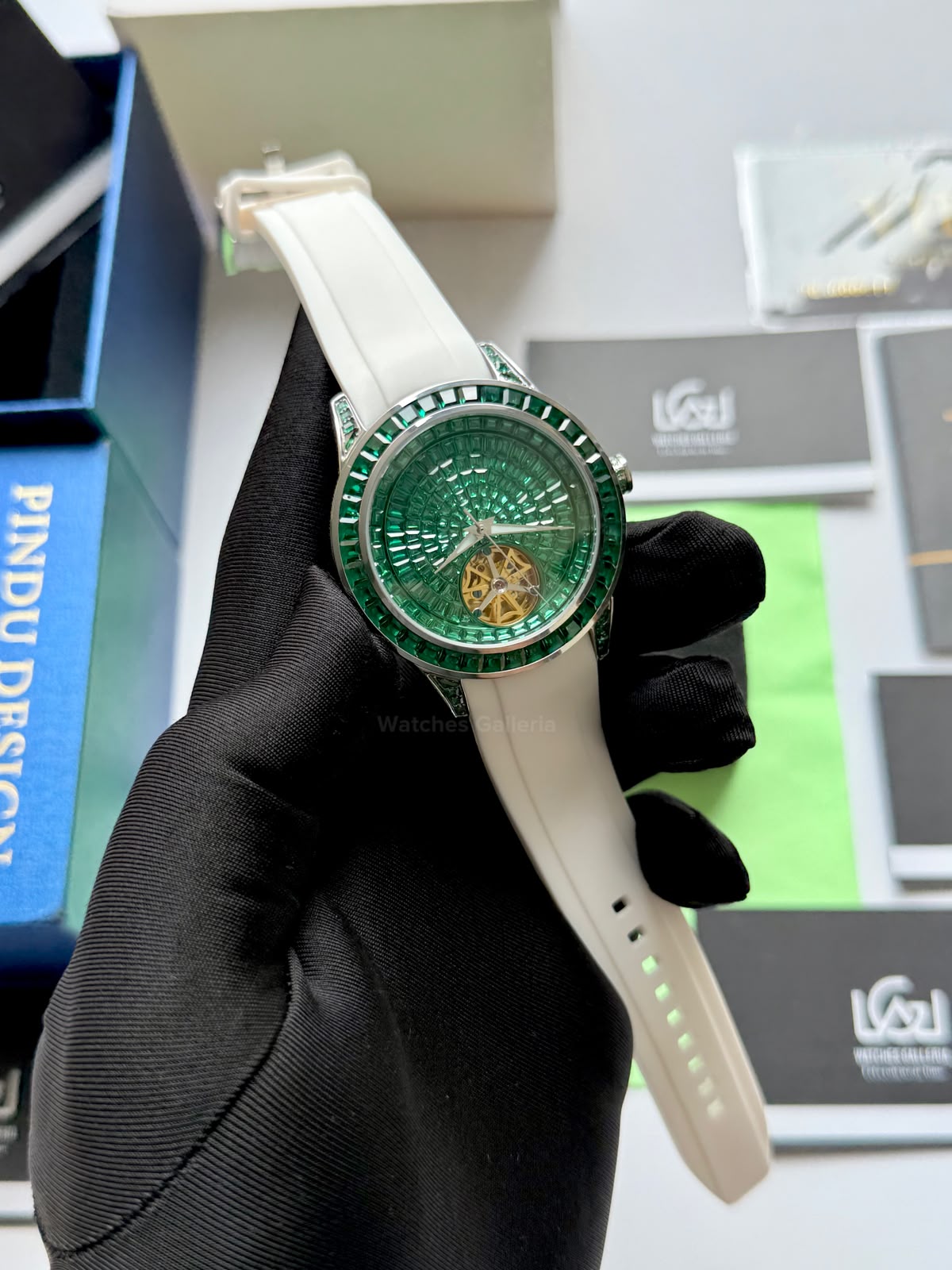 Pindu 5037 White/Green Diamonds Hand Encrusted Diamond Automatic Tourbillon Watch for Men | Luxury Mechanical Watch | 43mm Stainless Steel Case