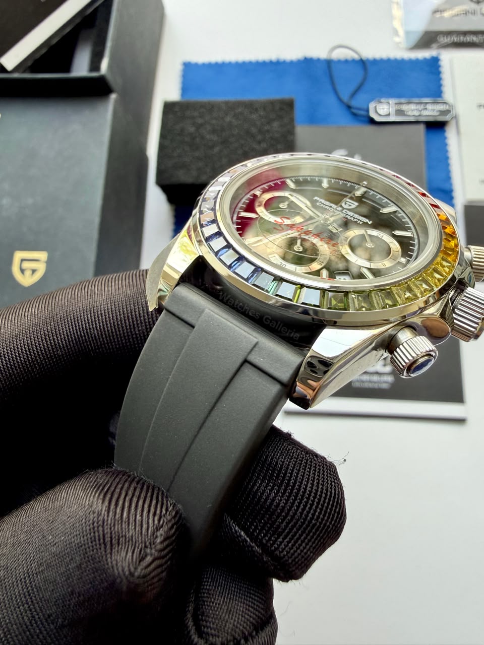 Pagani Design PD1644 Daytona Rainbow Jubilee Limited Edition Chronograph Watch PD1644LE | 40mm Sapphire Crystal, Seiko VK63 Quartz, Complete Calendar & Rainbow Stones Bezel