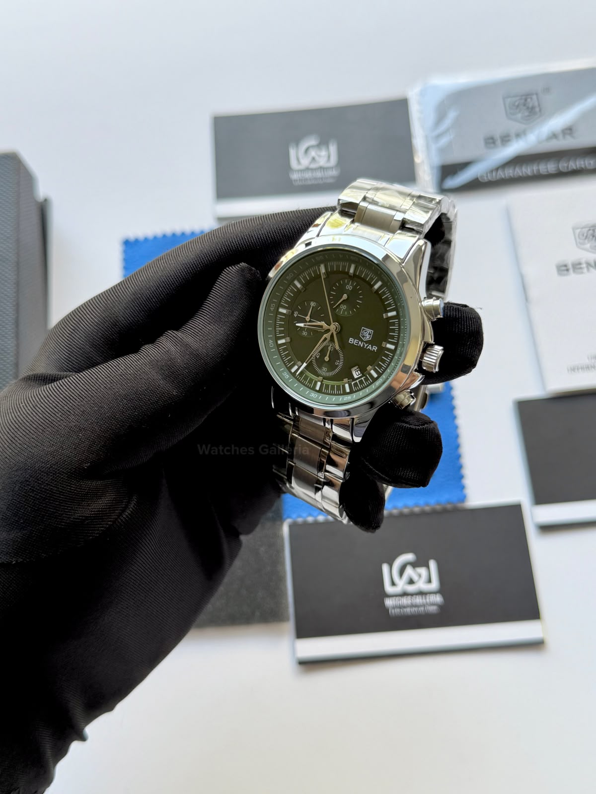 Benyar BY5210 (Green SS) Pilot Chronograph Green Dial Stainless Steel Watch – 42mm Quartz Chronograph with Date, Complete Calendar & Stopwatch