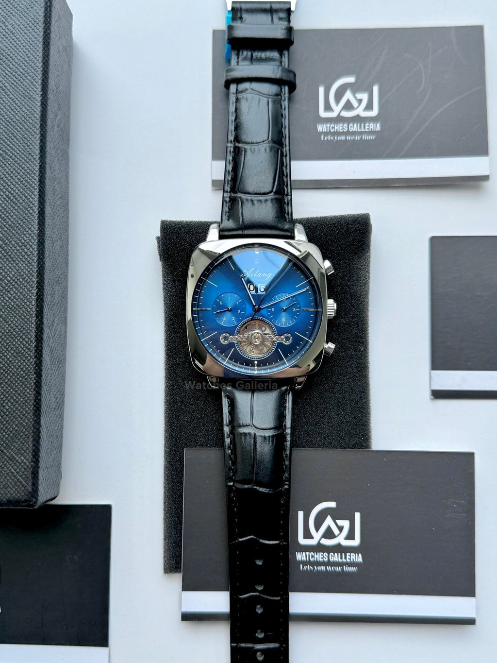 Ailang AI8655G Square Chronograph Automatic Watch Black Blue – Skeleton Flywheel, Big Date, Luxury Square Dial Men’s Watch